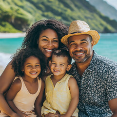 Multi-racial family portrait at a Caribbean beach with out-of-focus lush mountains.