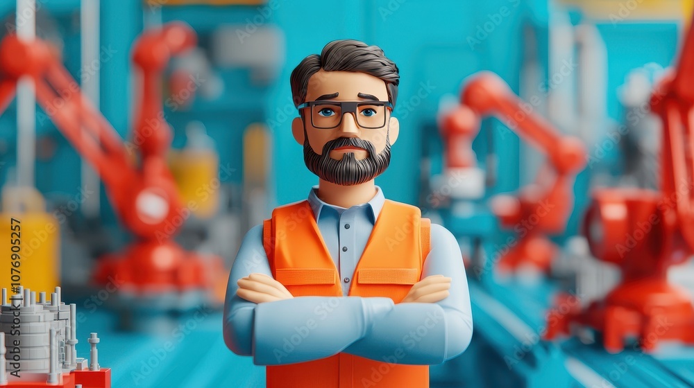 Poster robotic automation expert overseeing advanced manufacturing processes in a high-tech factory environ