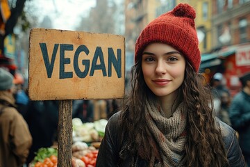 Smiling vegan activist advocating for veganism