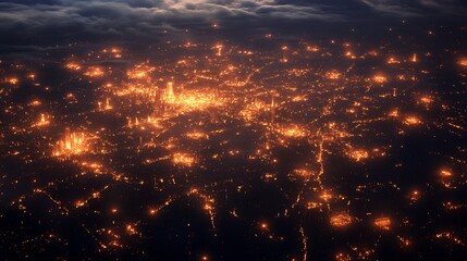 Cityscape at night illuminated by countless lights, symbolizing the widespread use of electricity