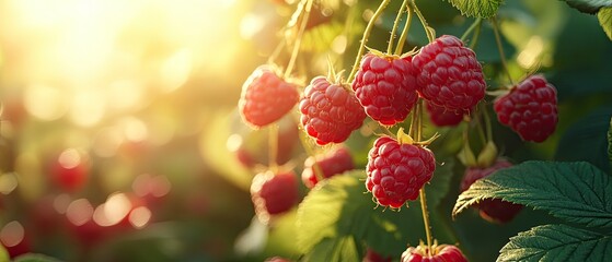 Ripe raspberries hanging from a branch in a sunny garden.