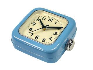 A blue clock with a white face and black hands showing the time of 10:30