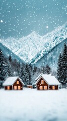 Fototapeta premium Cozy Houses in Snowy Landscape with Soft Glowing Lights