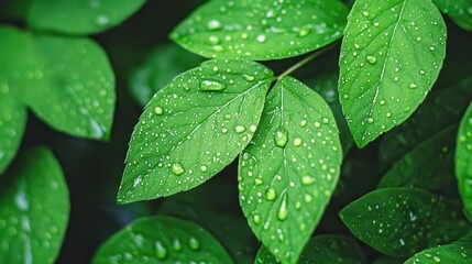 Fototapeta premium Lush green leaves adorned with glistening raindrops in a serene forest setting, evoking tranquility and fresh beginnings