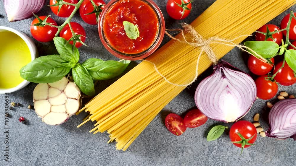 Canvas Prints raw spaghetti with tomato sauce and ingredients