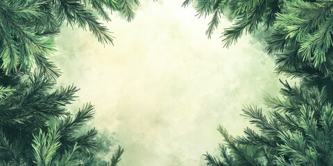 Naklejka premium A serene view from the forest floor reveals dense pine tree branches reaching toward a light sky. The mist envelops the area, creating a peaceful and refreshing atmosphere in nature.