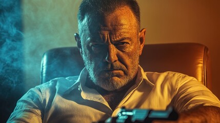 A tense moment unfolds as a rugged man with piercing eyes grips a handgun, set against a moody backdrop in dim light