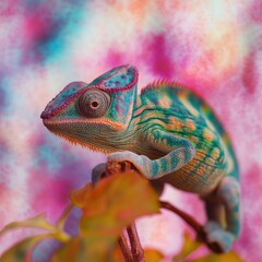 Fototapeta premium A vibrant chameleon perched on a branch against a colorful background.