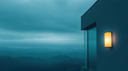 Naklejka premium A tranquil evening glow from a modern building overlooking misty mountains at twilight