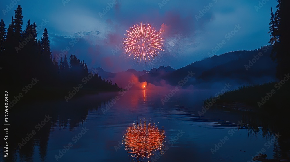 Wall mural A grand fireworks display over a calm lake with vibrant reflections on the water The lake is silent creating a serene and beautiful celebration of light A magical display of colors in a peaceful 