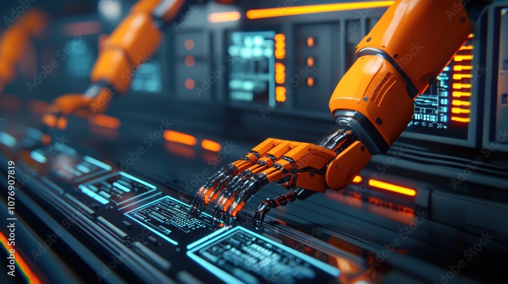 Poster innovative robotic arm operates advanced technology systems in a futuristic environment