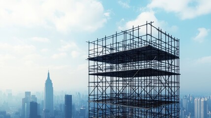 Construction workers build modern scaffolding framework in urban landscape under blue sky