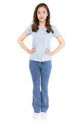 Obraz premium Young woman standing confidently, smiling, wearing casual clothes, white isolated background.