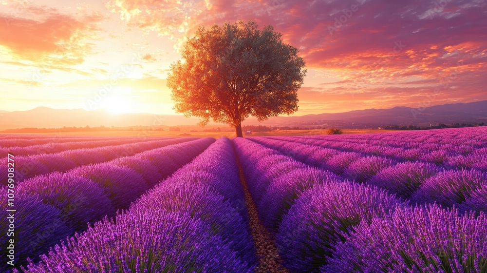 Wall mural a grand fireworks show over a field of lavender with no one around the colorful fireworks add warmth