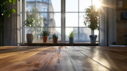 Fototapeta premium Wooden Table with Sunlight Streaming Through Window - Interior Design