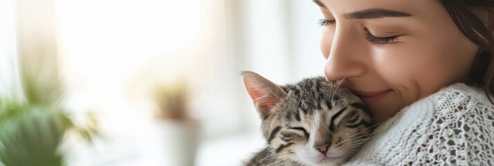 A woman embraces her playful kitten in a cozy indoor setting during a sunny afternoon. Close-up. Place for text