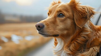 Obraz premium A dog with a brown face and brown fur is looking out the window of a car