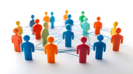 A group of colorful human figurines arranged in a network representing diversity community and social connections