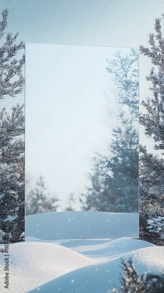 Poster snowy winter landscape with transparent glass display and pine trees framing