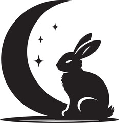 Obraz premium Lonely rabbit sitting under a crescent moon