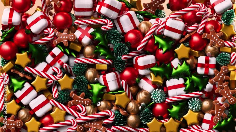 Poster merry christmas looping animation greeting video with festive ornaments falling and filling the scre