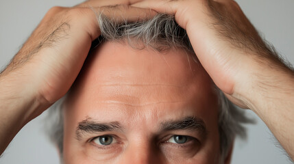 Fototapeta premium Close-up of a middle-aged man holding his head, showing signs of stress or worry, with visible gray hair and forehead wrinkles.