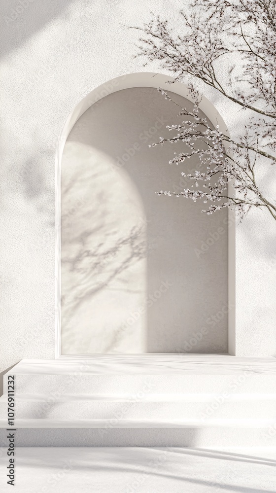 Poster White arch and blooming tree branches creating elegant shadows on empty podium