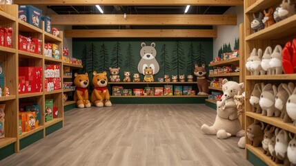 Obraz premium Woodlandthemed toy store exterior with wooden beams, forest murals, and animal statues, Toy Store, Woodland Adventure