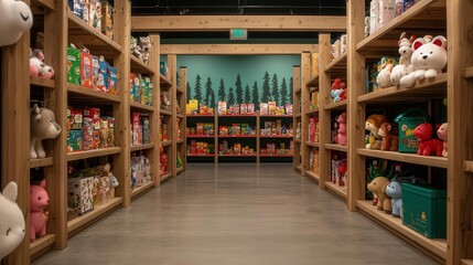Fototapeta premium Woodlandthemed toy store exterior with wooden beams, forest murals, and animal statues, Toy Store, Woodland Adventure