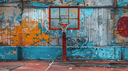 A basketball hoop is in front of a wall with graffiti on it