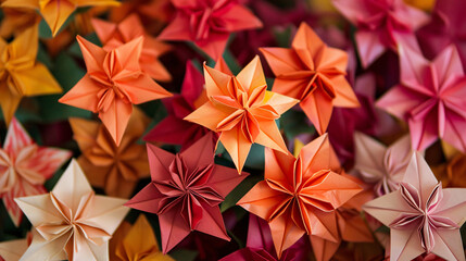 Obraz premium Close-up of various colorful origami star-shaped flowers in shades of orange, red, and pink, creating a vibrant and intricate arrangement