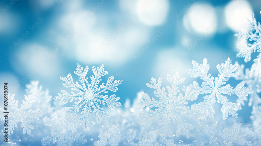 Poster delicate snowflakes resting on soft snow with a cool blue bokeh background, capturing the beauty and