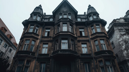 Fototapeta premium Facade of a historic multi-story building with large windows and ornate architectural details, surrounded by other structures, under a cloudy sky.