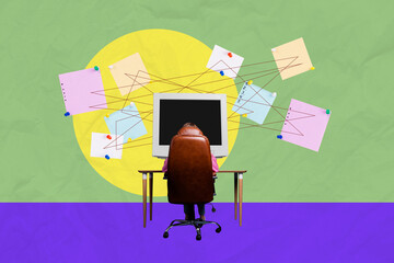 Composite photo collage of anonym boss girl sit chair office workplace sticker memo big computer...