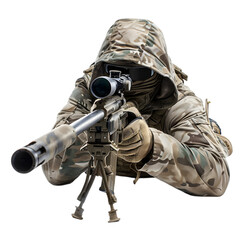 Camouflaged sniper lying in prone position aiming with a rifle isolated on white background