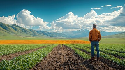 Fototapeta premium A farmer stands in a contrasting landscape of dry and green fields, illustrating the growing divide caused by climate change