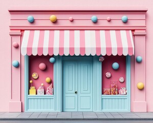 Fototapeta premium Candyinspired toy store facade with bright colors, candy sculptures, and playful decorations, Toy Store, Candyland Fun
