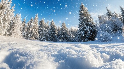 Obraz premium A serene winter landscape with snow-covered trees and a bright blue sky.