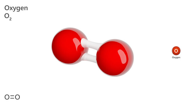 Molecule: Oxygen. Gas. Molecular structure. Formula: O2. Chemical model: Ball and stick. White background. 3D illustration.