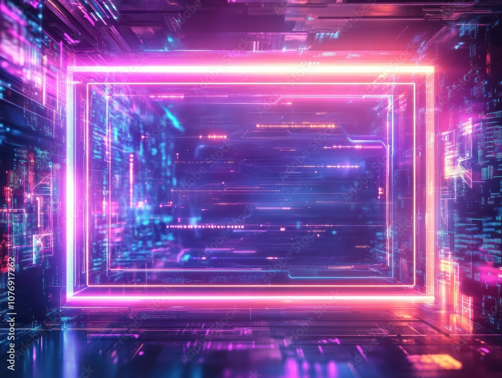 Poster futuristic glowing ai text in sleek digital frame surrounded by data patterns, abstract shapes, and 