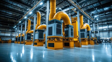 Dust collection systems in a large industrial warehouse, multiple high-efficiency machines working together to keep the environment clean