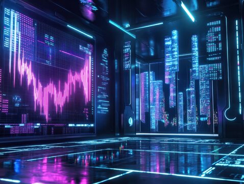 Futuristic financial scene. stock market evolution with dynamic data and neon indicators