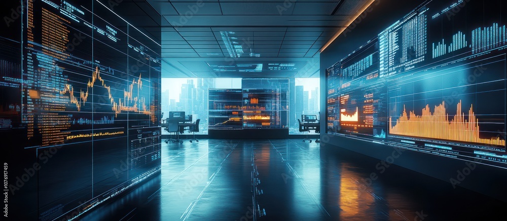 Poster a futuristic office hallway with large screens displaying data and charts.