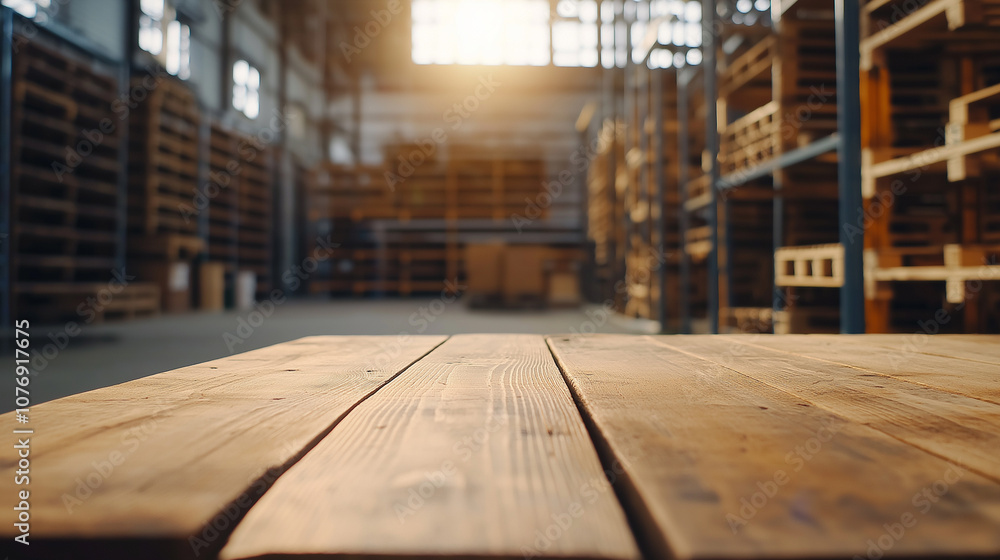 Poster empty wooden table surface in a warehouse with stacks of pallets in the background and warm sunlight