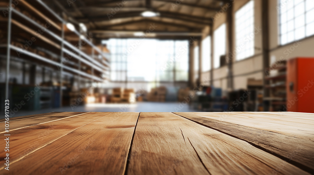 Poster empty wooden table surface in a warehouse with stacks of pallets in the background and warm sunlight