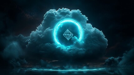 Obraz premium A swirling abstract cloud floats in a dark night sky, illuminated by a bright neon blue light ring, casting intricate reflections on the surface of the cloud.