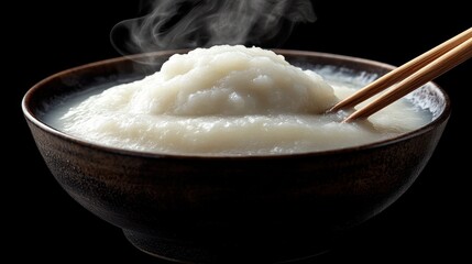 Steaming bowl of white rice with chopsticks.