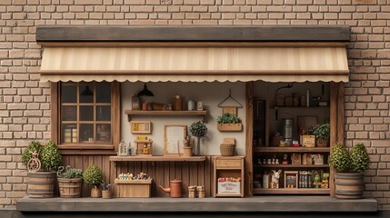 Rustic toy store exterior with wooden beams, brick walls, and vintage toys in the window, Toy Store, Rustic Appeal