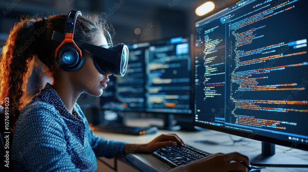 Poster Female developer engages with virtual elements to enhance coding skills and productivity in a tech-driven environment