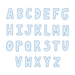 Blue hand drawn alphabet on white background